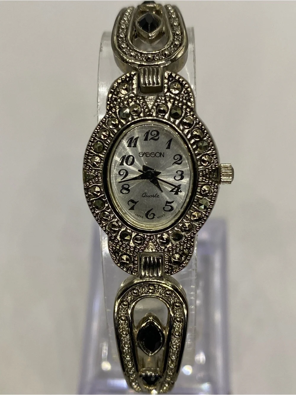 Designer ***  Silver-Tone  ^^^ Marcasite” Oval Bracelet Watch ***